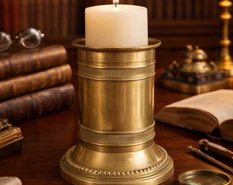 Neoclassical Solid Heavy Brass Vintage Architectural Pillar Candle Holder w/Original Aged Patina