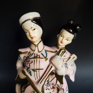 Vintage Japanese Geisha Girl & Boy Figurines, Vtg Asian Couple Playing Guitars, Midcentury Musicians from the Orient Decorative Kitsch Decor