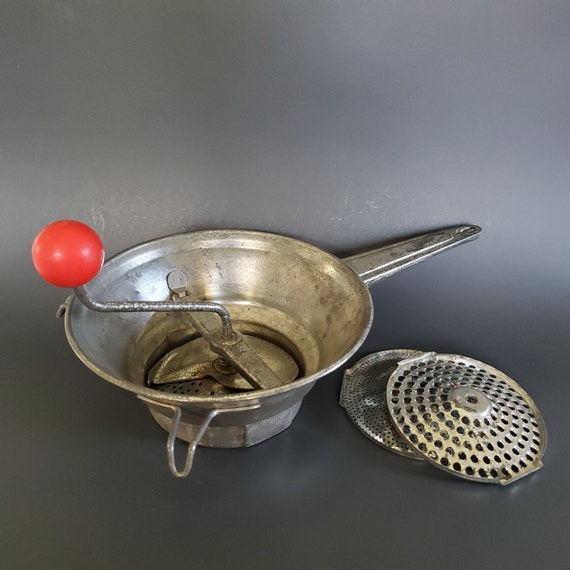 Vintage Pureeing/ Canning Food Mill, Old Time Hand Operated Kitchen Tool,  Rustic Tin Vegetable Press/ Strainer, Kitchenware Cook Decor Gift 