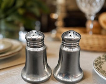 Midcentury Eastern Pewter Salt & Pepper Set, Glass Lined Metallic Dining Tableware Home Gift