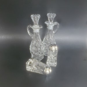 Anchor Hocking Early American Pres-Cut Glass Chrome Top Salt and Pepper Shakers & Oil and Vinegar Cruet Bottles, EAPC Crystal Star Pattern