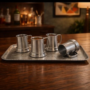 Midcentury Small Aluminum Glass Bottom Stein Set, 4 Enesco Imports Mini Mugs and Hammered Serving Tray