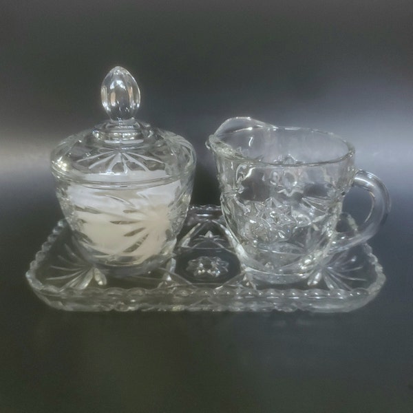 Anchor Hocking Early American Pres-Cut Glass Creamer, Covered Sugar Bowl & Tray, 60's Vintage EAPC Crystal Clear Star Patterned Glassware