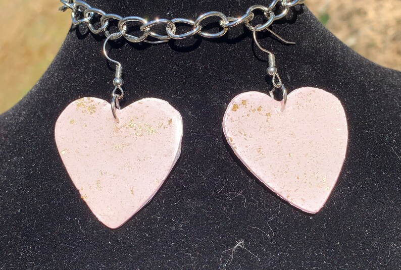 Pink and gold heart polymer clay earrings