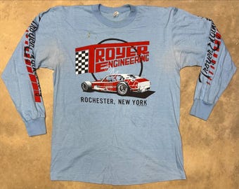 ¡Excepcional! Camiseta de manga larga de carreras modificada de Troyer Engineering, años 80, talla grande