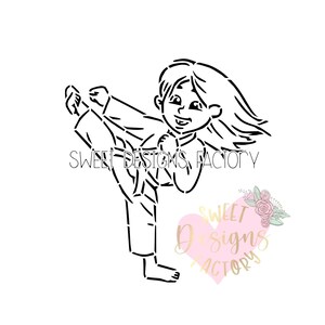 May include: Black and white line art illustration of a girl in a karate uniform kicking with a smile on her face. The text "SWEET DESIGNS FACTORY" is below the girl.