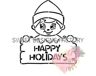 Christmas PYO cookie stencil Cute Elf with sign Matching cookie cutter available ENL0091