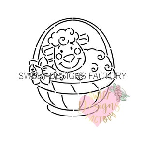 May include: Black and white line art illustration of a sheep in a basket. The sheep is smiling and has curly wool. The basket has a woven pattern.
