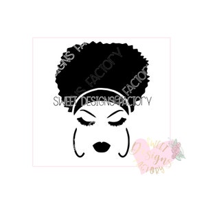 May include: Black and white silhouette of a woman with closed eyes and a headband. Her hair is styled in an afro. The image is set against a white background.