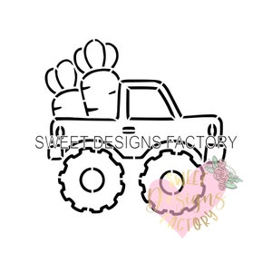 Puede incluir: Ilustración en blanco y negro de un camión monstruo con una cama llena de zanahorias. El texto "SWEET DESIGNS FACTORY" está debajo del camión.