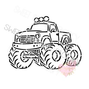 May include: Black and white line art illustration of a monster truck with large tyres. The truck has a simple design with a few details, including a grille, headlights, and a roof.
