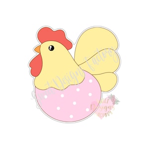 May include: A yellow and pink cartoon chicken cookie cutter with a pink polka dot egg design.