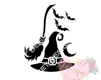 Halloween cookie stencil witch broom hat and bats H133