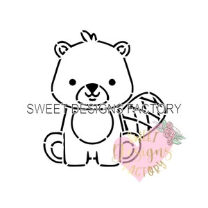 May include: Black and white line art illustration of a cartoon beaver with a large, bushy tail. The beaver is sitting upright with its paws in front of it. The image is a digital download for crafting and creating.