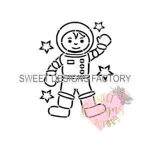May include: Black and white line art illustration of an astronaut wearing a space suit and helmet. The astronaut is waving with one hand and has a happy expression on their face. There are stars around the astronaut.