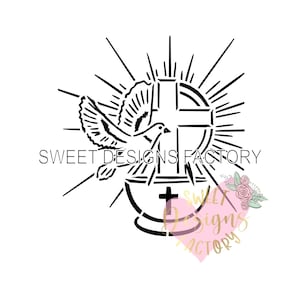 May include: Black and white silhouette of a dove descending onto a chalice with a cross. The dove is in flight with its wings spread. The chalice is on a base with a cross on top. The image is surrounded by a sunburst.