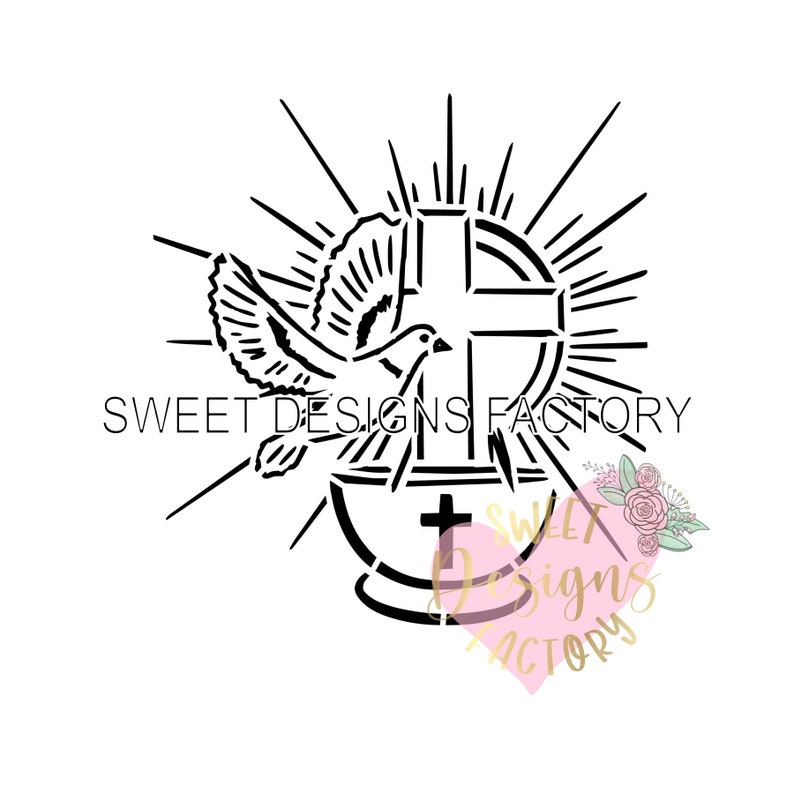 May include: Black and white silhouette of a dove descending onto a chalice with a cross. The dove is in flight with its wings spread. The chalice is on a base with a cross on top. The image is surrounded by a sunburst.