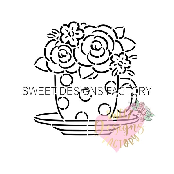 Floral tea cup PYO cookie stencil. Matching cookie cutter available DG18
