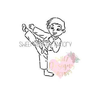 May include: Black and white line art illustration of a young person in a karate uniform performing a kick. The text "SWEET DESIGNS FACTORY" is visible below the image.