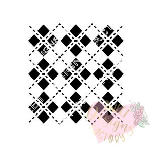 May include: Black and white checked pattern with a repeating diamond shape. The pattern is made up of thick black lines and thin white lines.