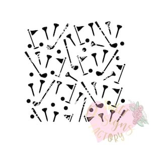 May include: Black and white silhouette pattern of golf clubs, golf balls, and flags. The pattern is repeated throughout the image.
