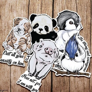 Lot of 5 stickers scriptures laptop decal encouraging vinyl bible motivational animal panda pig bulldog penguin