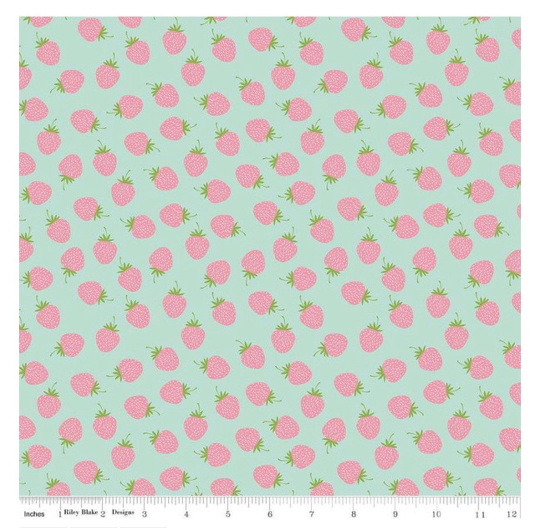 Bright Pink Strawberries on Mint Background Butterflies & Berries by Riley Blake /fabric by the
