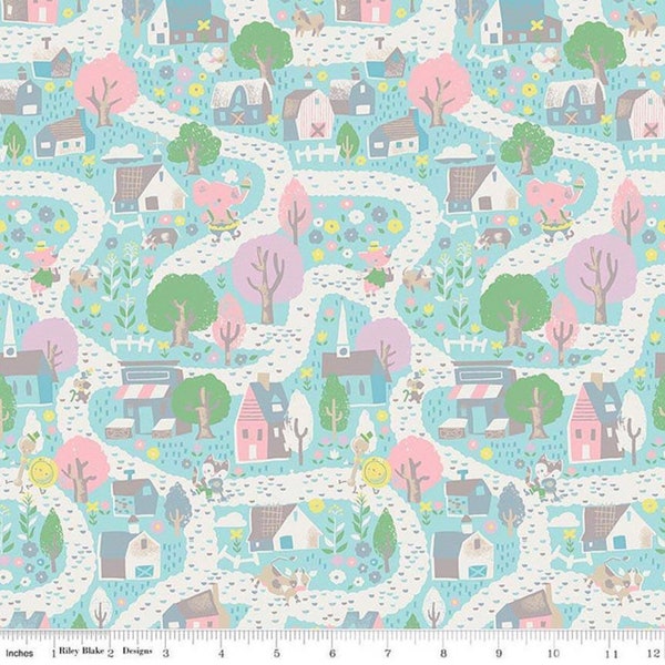Once Upon a Rhyme Village Aqua- fabric by the yard!