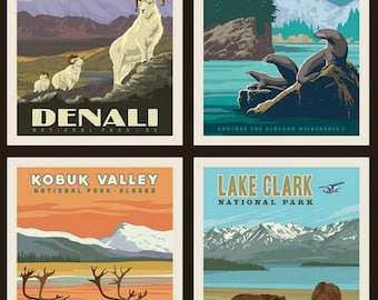 May include: A vintage-style poster set featuring four different Alaskan national parks: Denali, Kenai Fjords, Kobuk Valley, and Lake Clark. Each poster features a different animal native to the park, including a mountain goat, sea lions, caribou, and brown bears. The posters are all in a similar style, with a colorful background and a simple design.