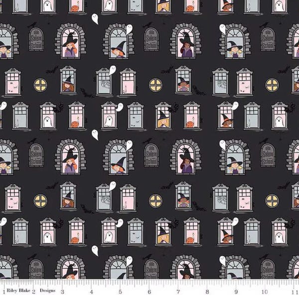 Spooky Schoolhouse Witch School Charcoal/fabric by the yard