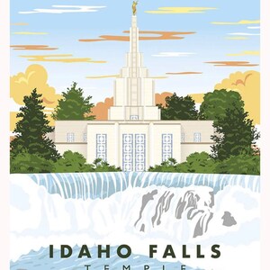 May include: A white temple with a tall spire and a statue on top, surrounded by trees and a waterfall. The text "IDAHO FALLS TEMPLE" is below the waterfall.