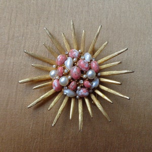 B.S.K. sunburst brooch with marine pebbles and faux baroque pearls