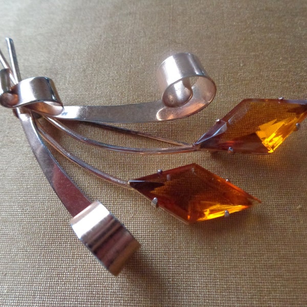 CORO Sterling Craft, Vermeil, brooch with honey-amber glass