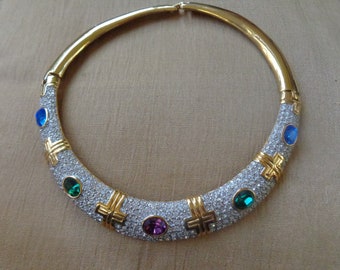 Choker necklace pave set with Austrian crystals and faceted faux gemstones