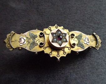 Victorian, gold, memorial brooch with ruby and seed pearls