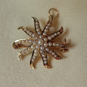Edwardian sunburst 14K gold brooch/pendant with seed pearls
