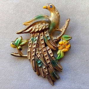 Enameled pot metal bird of paradise brooch