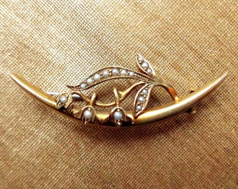 Edwardian, Honeymoon brooch in 14Karat gold with seed pearls