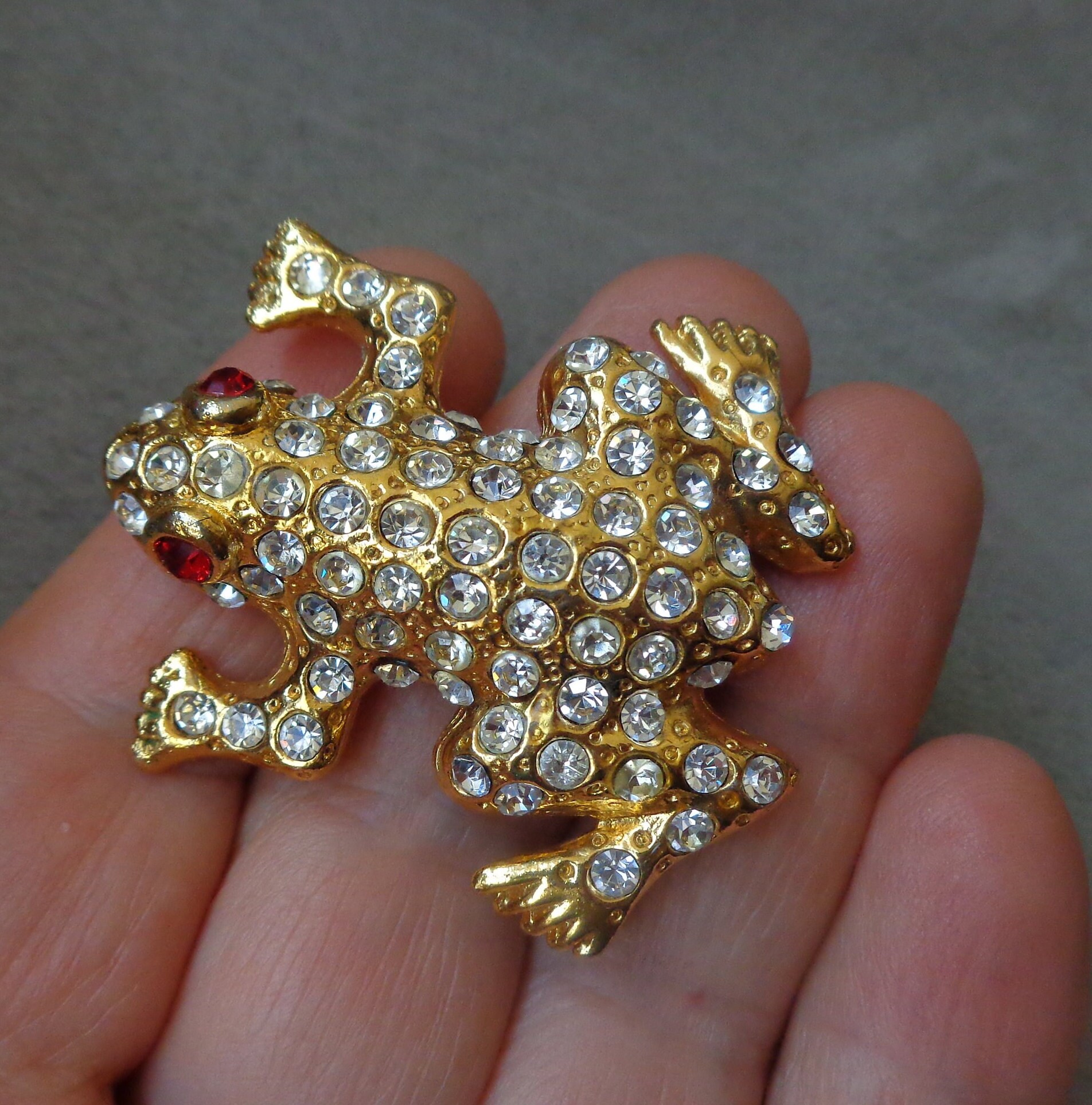 Gold Tone Frog Brooch With Clear and Red Crystals - Etsy