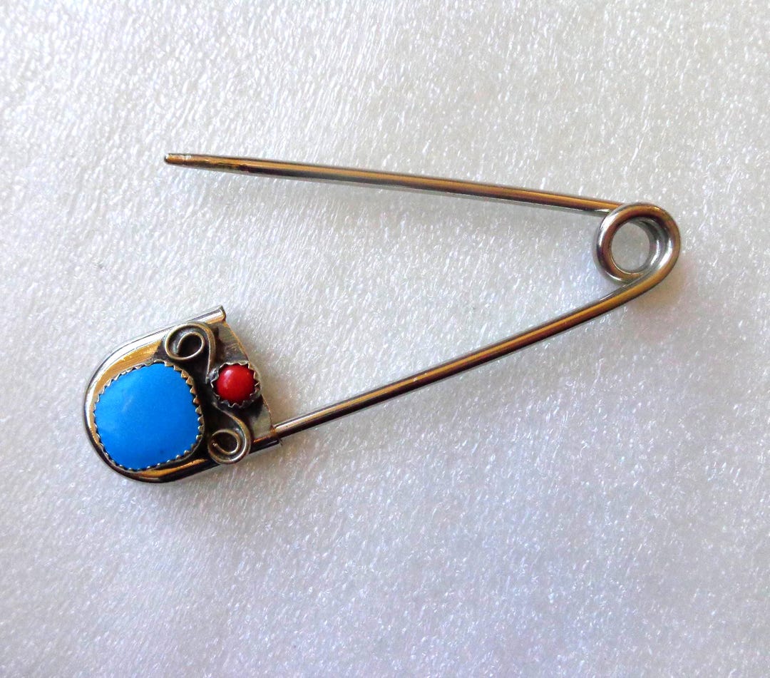 Silver Tone Safety Pin With Blue and Coral Colored Inserts - Etsy