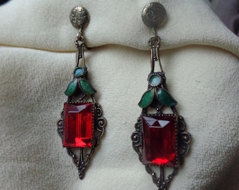 Art Nouveau drop earrings with green guilloche enameling and red, faceted, glass stone