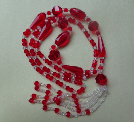 Flapper necklace with vibrant red and clear glass… - image 4