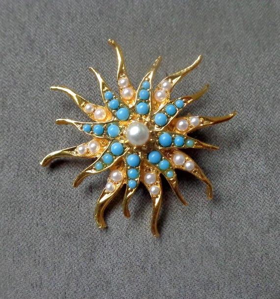 Broche Bijou Dorée Motif Soleil - Occasion En Bon état, Accessoire Vintage