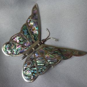 May include: A silver butterfly brooch with iridescent abalone shell wings. The wings are detailed with intricate patterns and the body is made of silver.