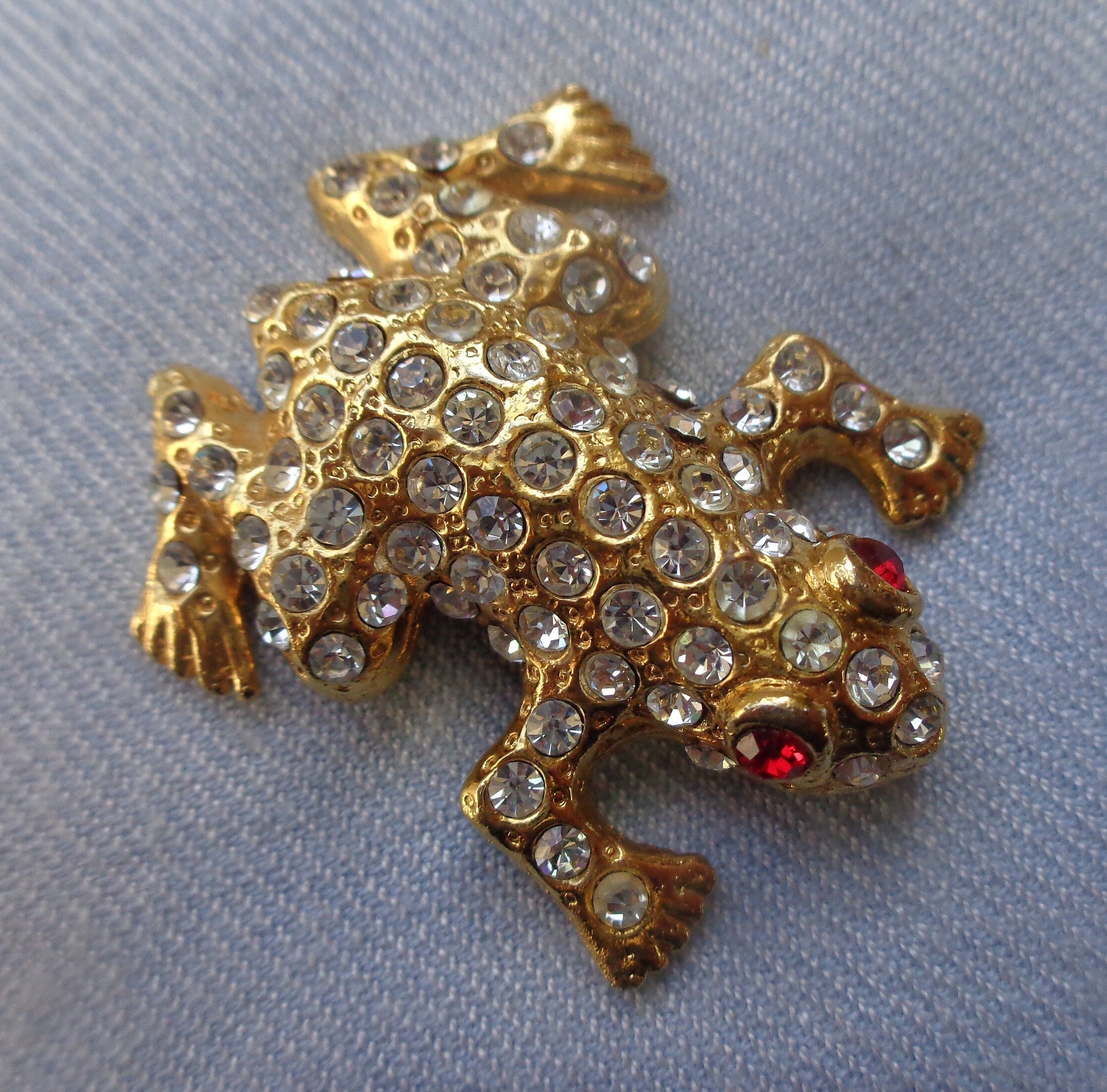 Gold Tone Frog Brooch With Clear and Red Crystals - Etsy