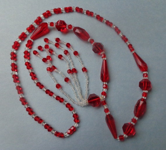 Flapper necklace with vibrant red and clear glass… - image 5