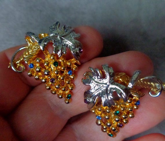 Boucles D'oreilles Clips Vintage Grappes De Raisin - Doré Avec Strass Et Perles