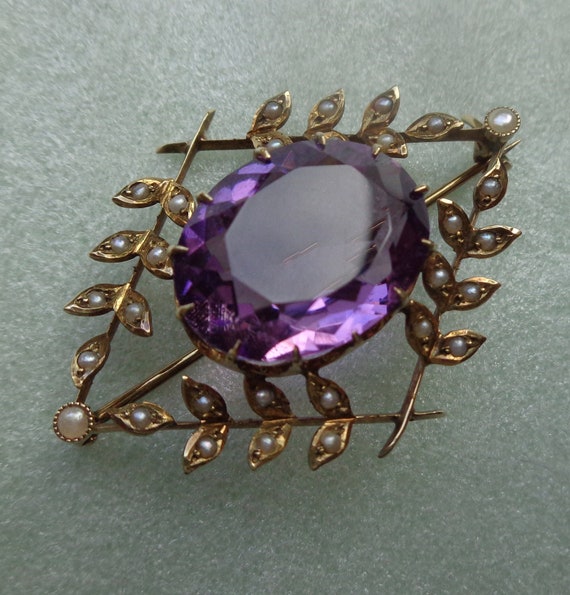 Edwardian 14K gold brooch with amethyst and seed … - image 5