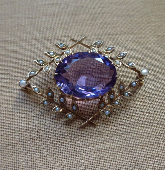 Edwardian 14K gold brooch with amethyst and seed … - image 8