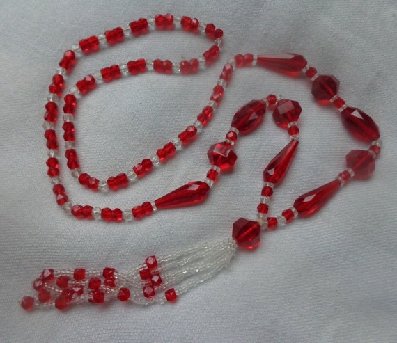 Flapper necklace with vibrant red and clear glass… - image 1